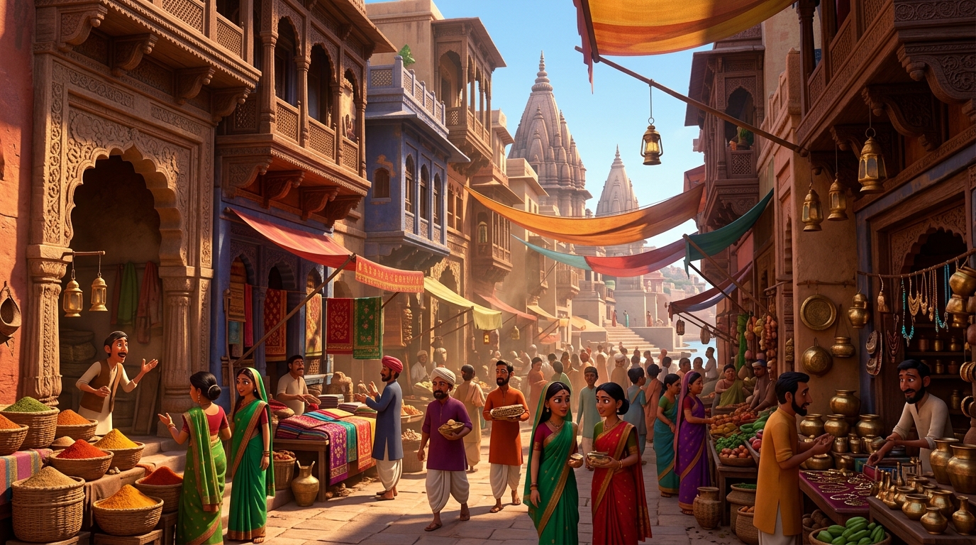 Bustling 15th-century Kashi Chowk market with wooden stalls, spices, and traders