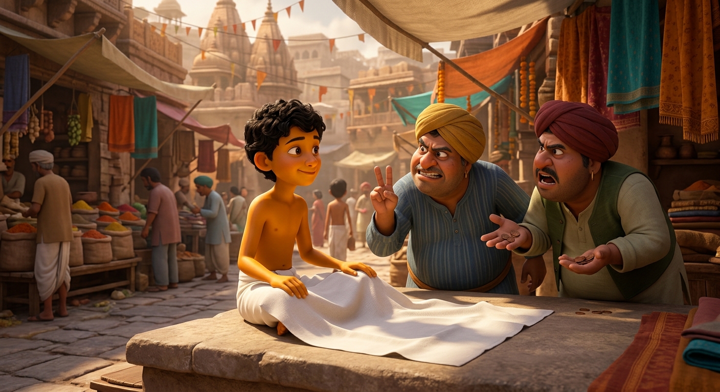 8yo Kabir sitting on a stone platform with the white cloth draped across his lap as merchants haggle