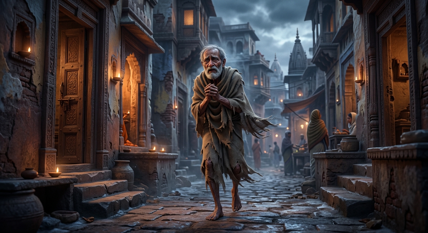 An elderly destitute beggar in ragged burlap rags shivering in the winter wind