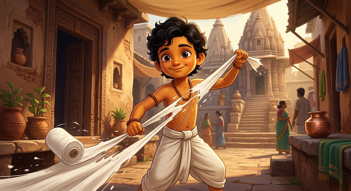 8yo Kabir tearing the white cloth roll in half with divine compassion