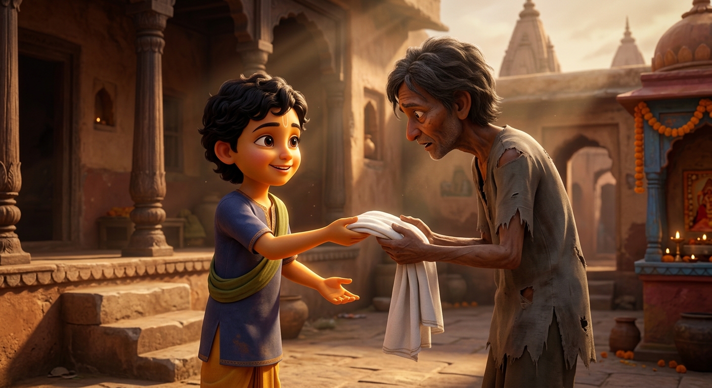 Kabir joyfully handing over the remaining half of the cloth to a second poor traveler