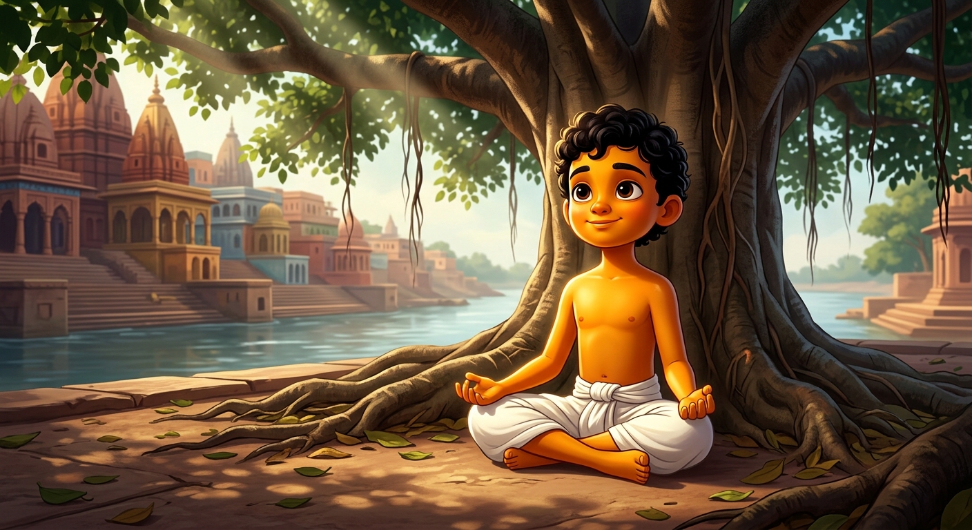 8yo Kabir sitting serenely in meditation beneath an ancient banyan tree by the Ganga