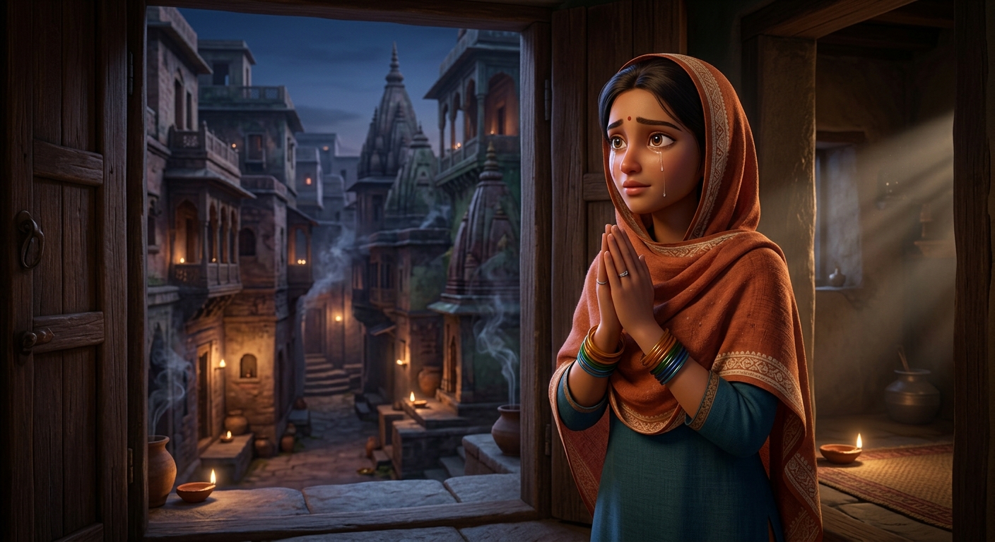 Neema weeping at the doorway praying for Kabir's safety