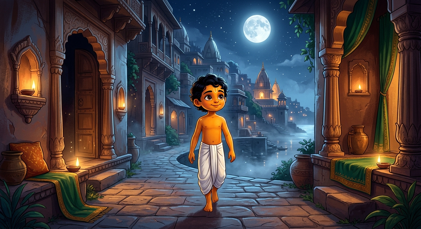 8yo Kabir walking peacefully along moonlit streets toward home