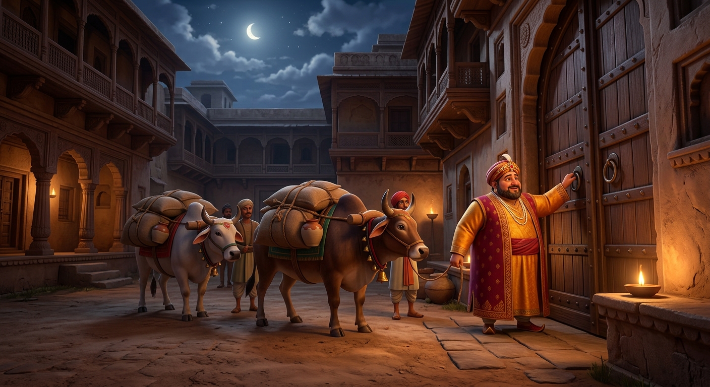 A wealthy merchant arriving with pack bullocks loaded with heavy sacks of grain at Neeru's gate