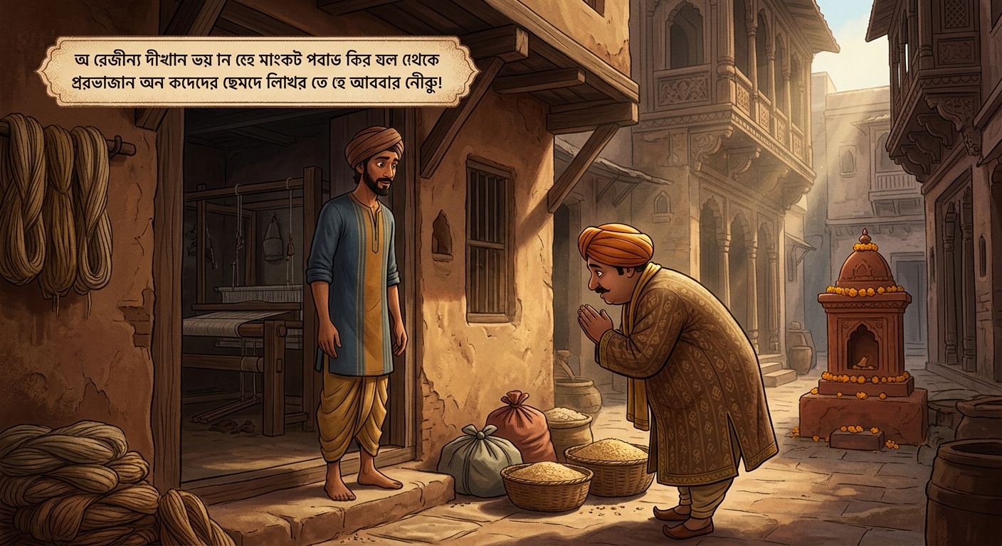 The merchant bowing low with folded hands to Neeru
