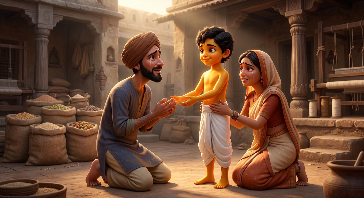 Neeru and Neema weeping in joy embracing 8yo Kabir beside the abundant food sacks