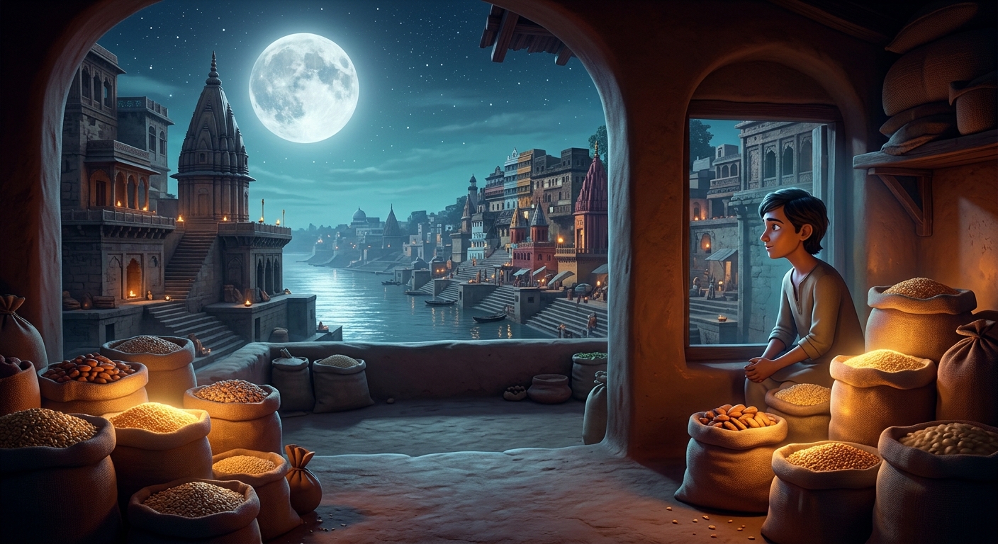 Moonlit cottage filled with food sacks and divine light as young Kabir looks out over Varanasi
