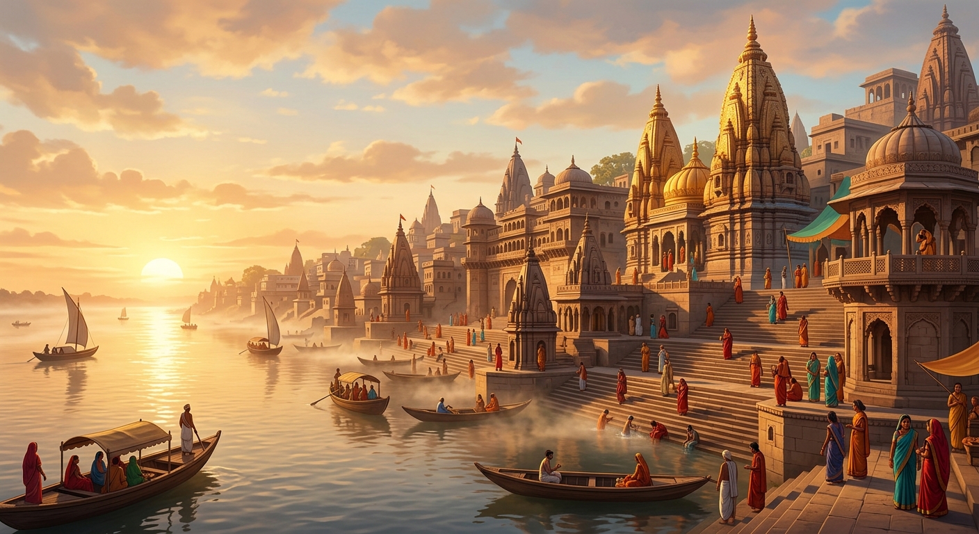 Sunrise over the sacred stone ghats of 15th-century Varanasi along River Ganga