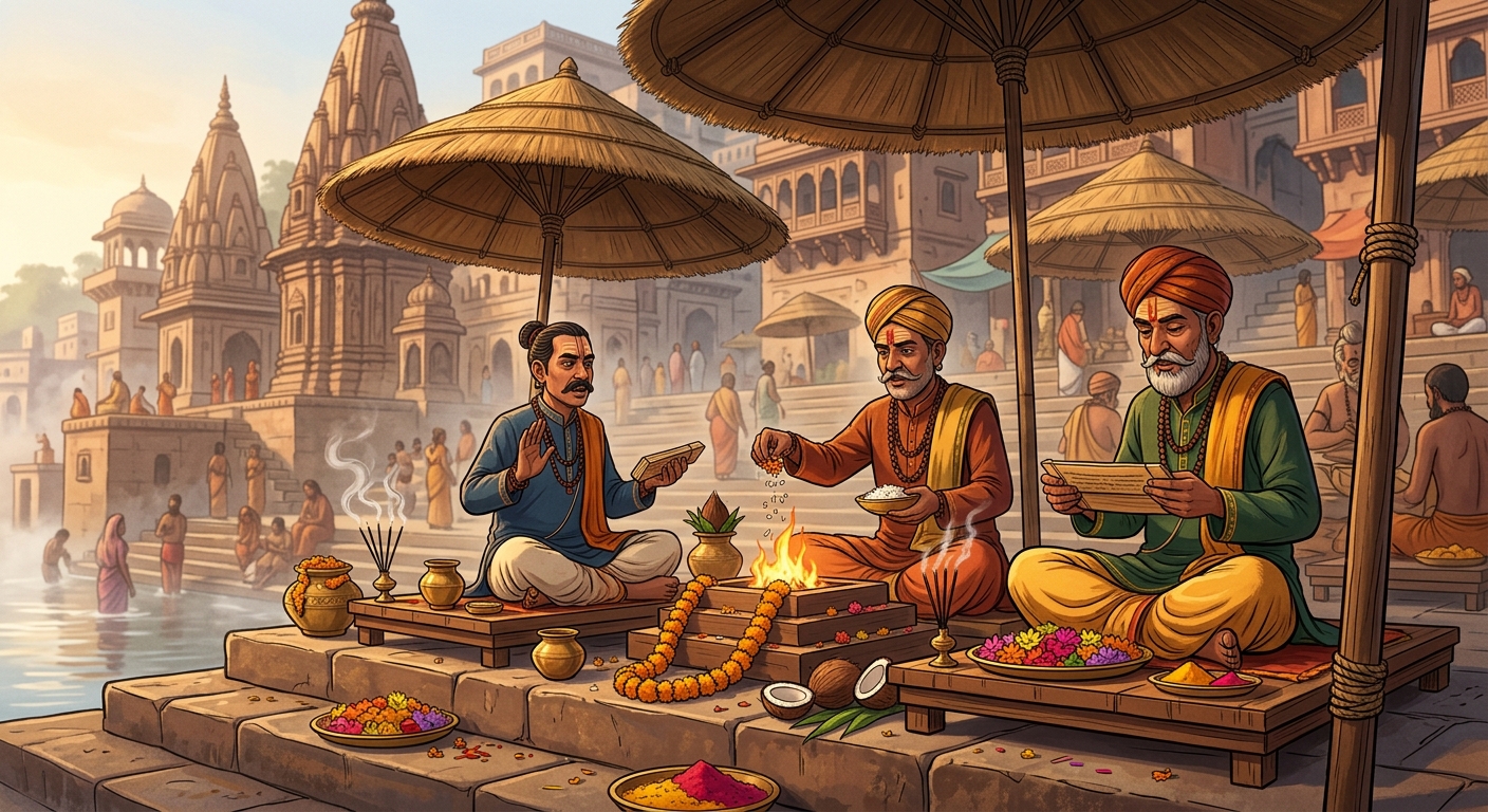Orthodox Brahmin Pandits seated under straw sunshades chanting mantras on wooden platforms