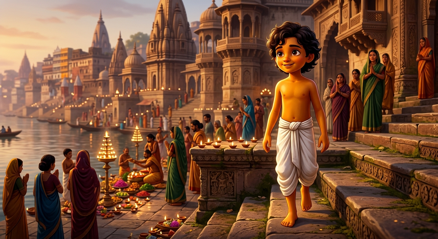 10yo Kabir in pure white dhoti walking gracefully down the ancient stone stairs