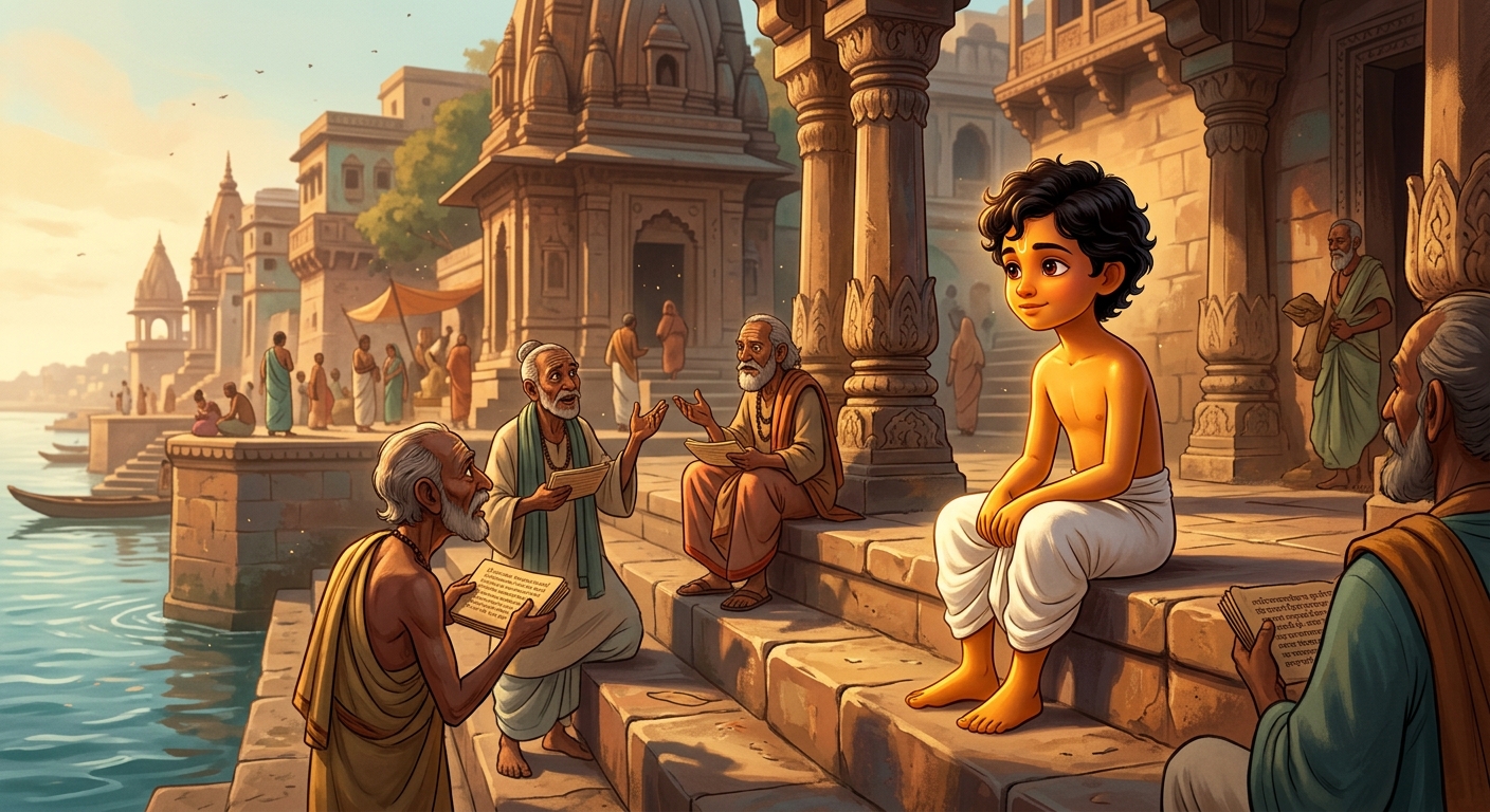 10yo Kabir sitting peacefully on a stone step listening to the scholars debate Sanskrit verses
