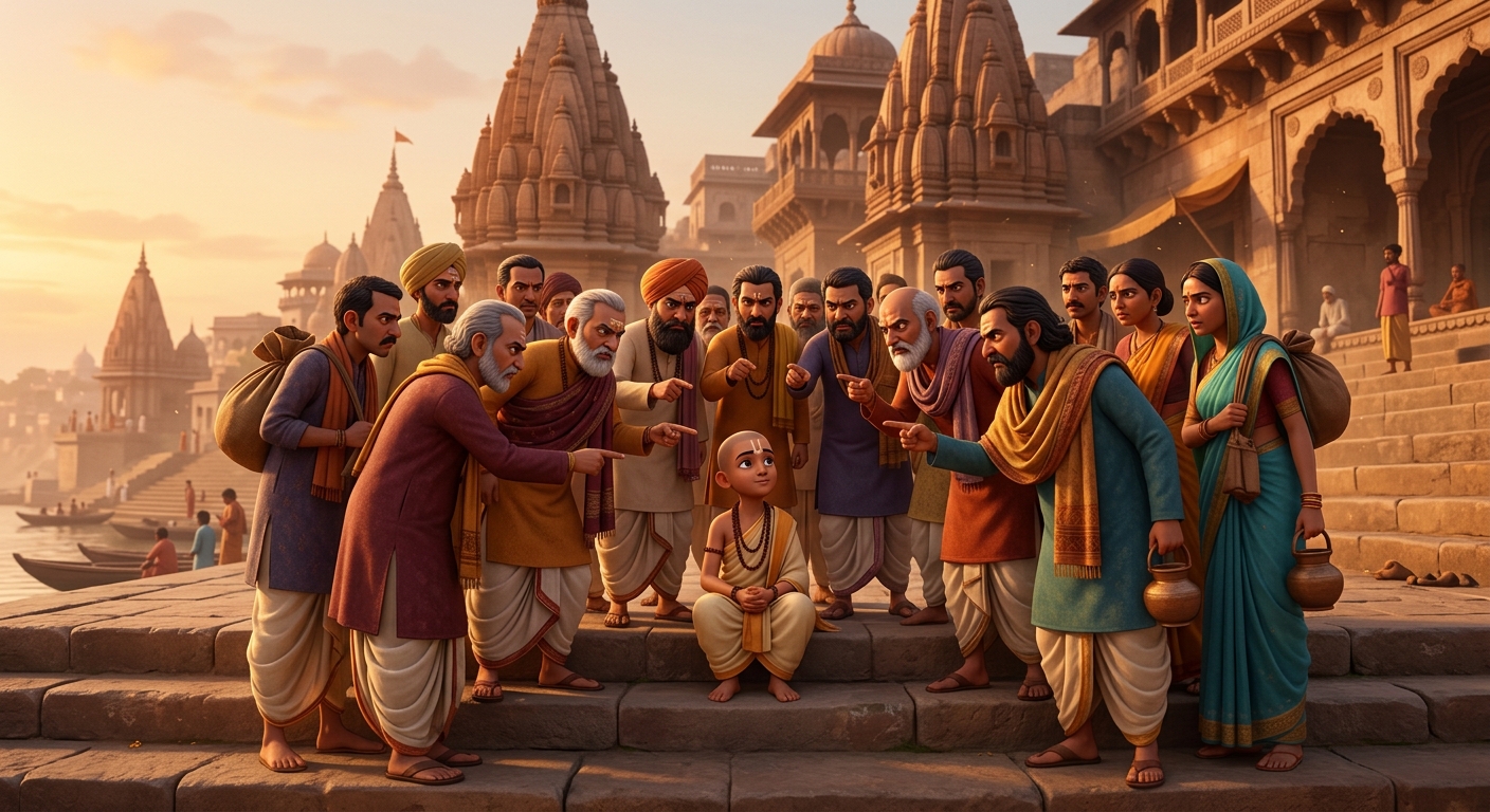 A circle of orthodox scholars and pilgrims gathering around frowning at the boy