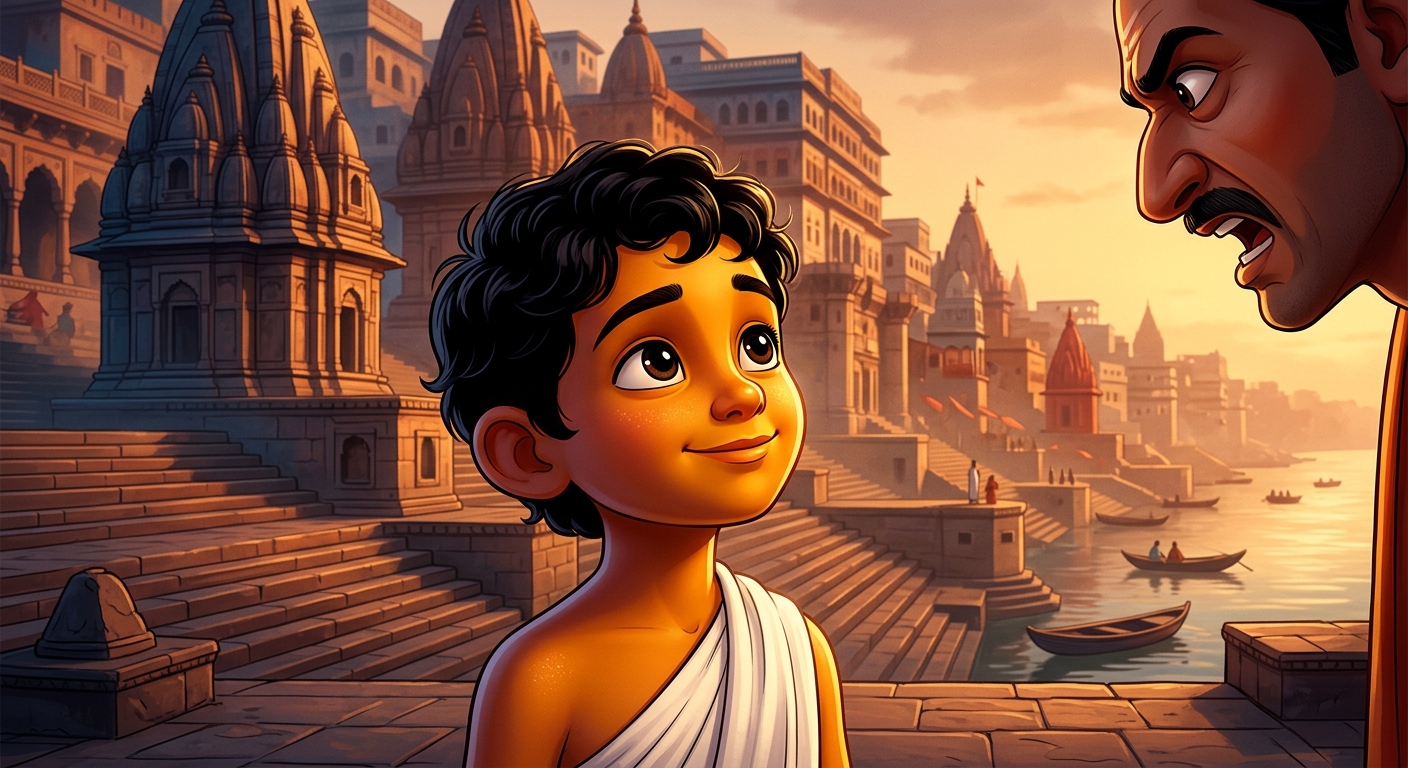 10yo Kabir looking up at the raging Pandit with an unshakeable tranquil smile