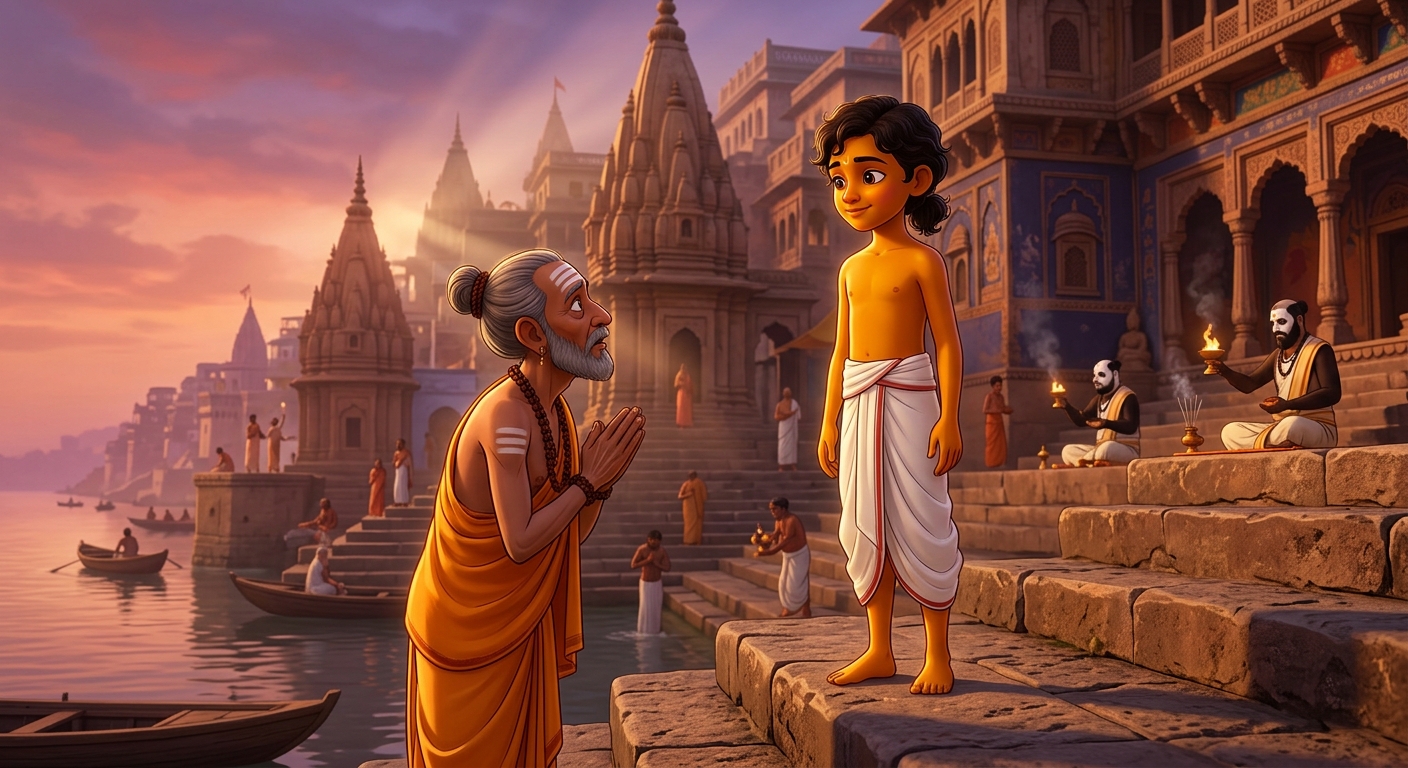 10yo Kabir standing up gracefully looking into the Chief Pandit's eyes