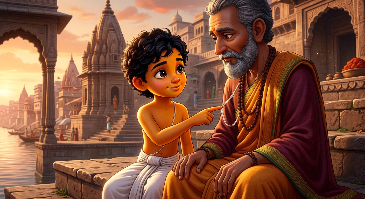 Kabir pointing gently at the cotton thread on the Pandit's chest