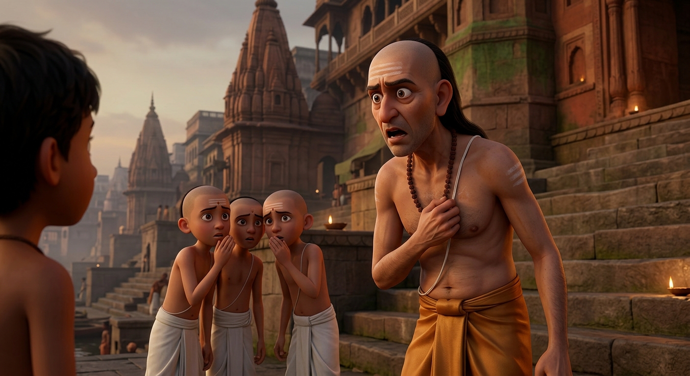 Pandit Pitambar clutching his sacred thread as disciples whisper in shock