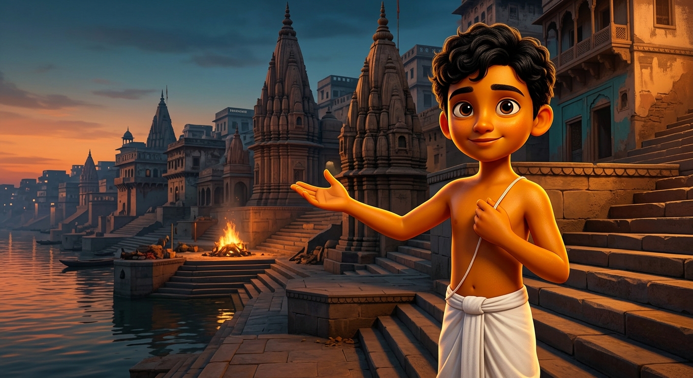 Kabir gesturing toward the cremation ghats in the distance