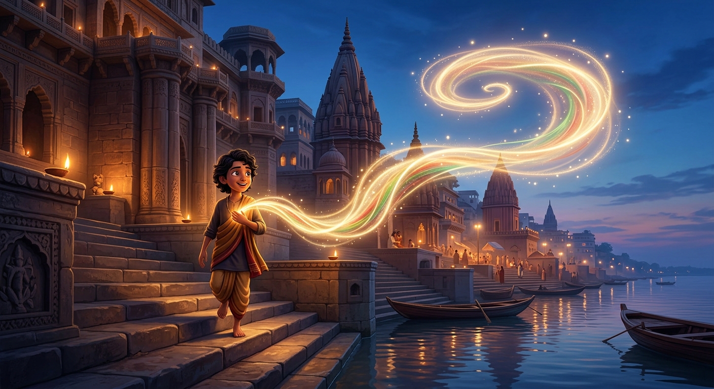 A glowing ethereal celestial thread of golden light appearing behind young Kabir