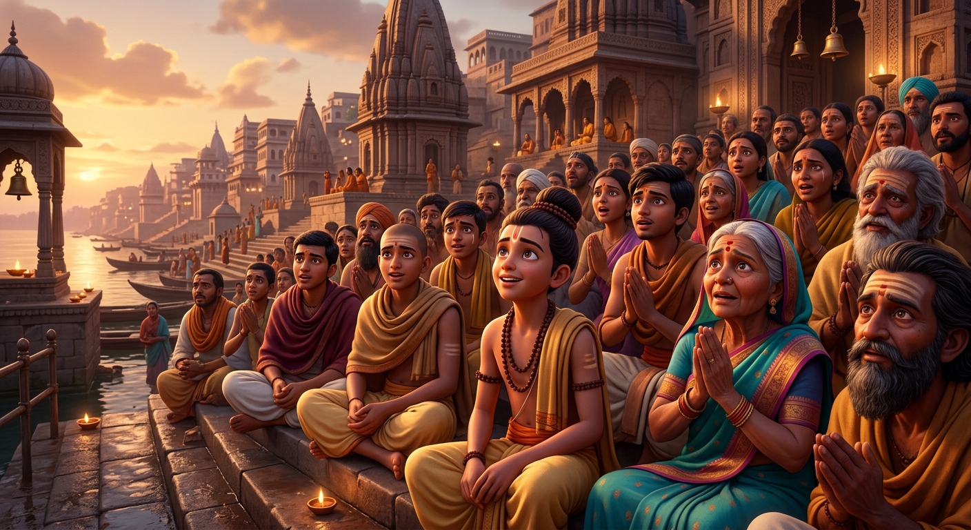 Young disciples, Sanskrit students, and pilgrims listening with wide eyes in deep awe