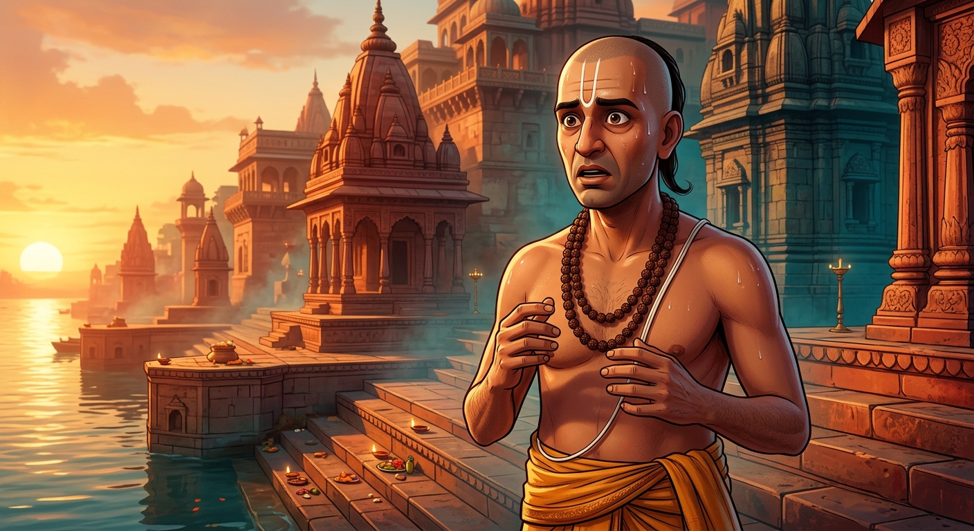 Chief Pandit standing frozen with sweating forehead and trembling hands in defeat