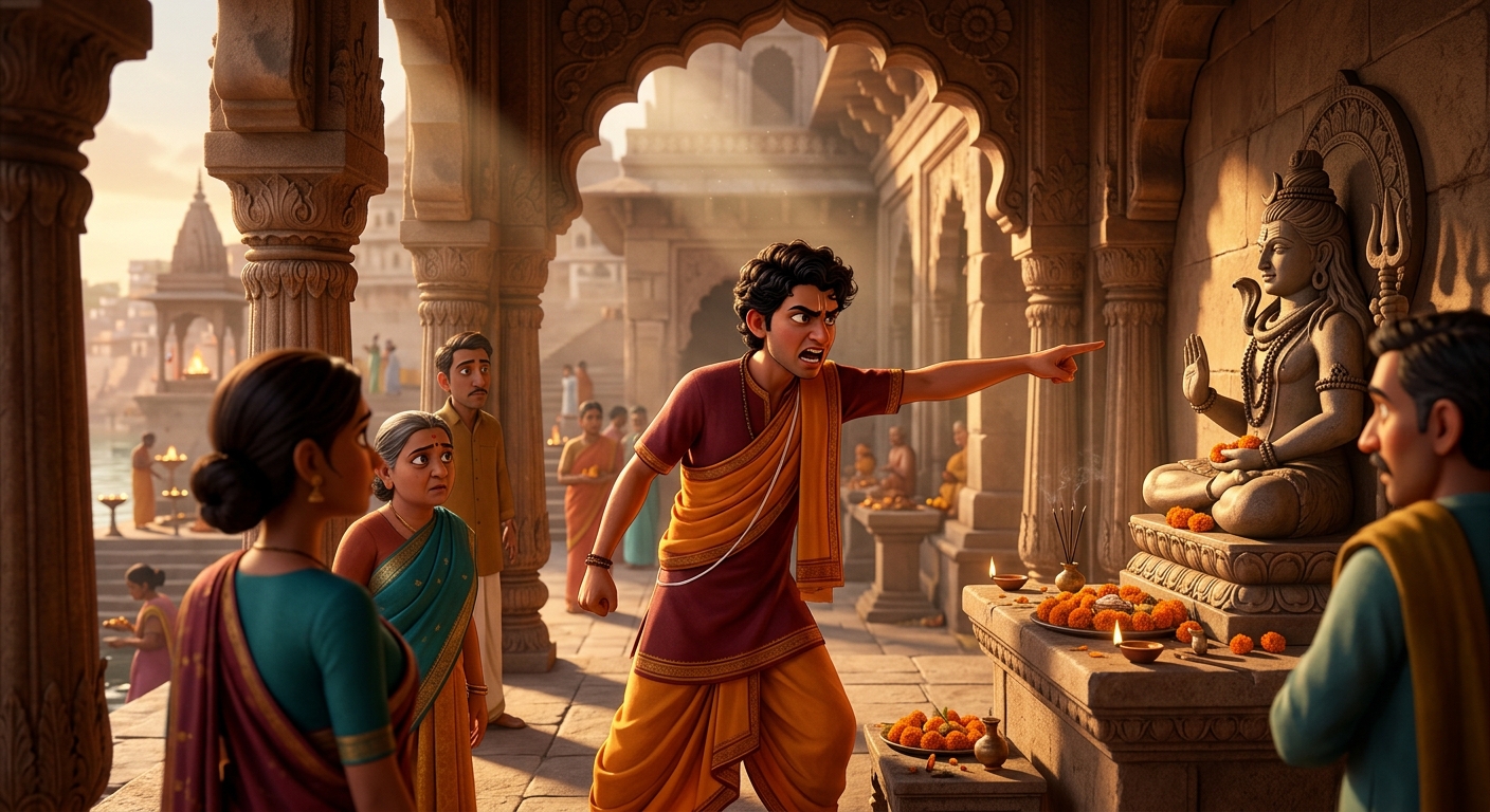An angry junior priest pointing desperately to a carved stone deity on an altar