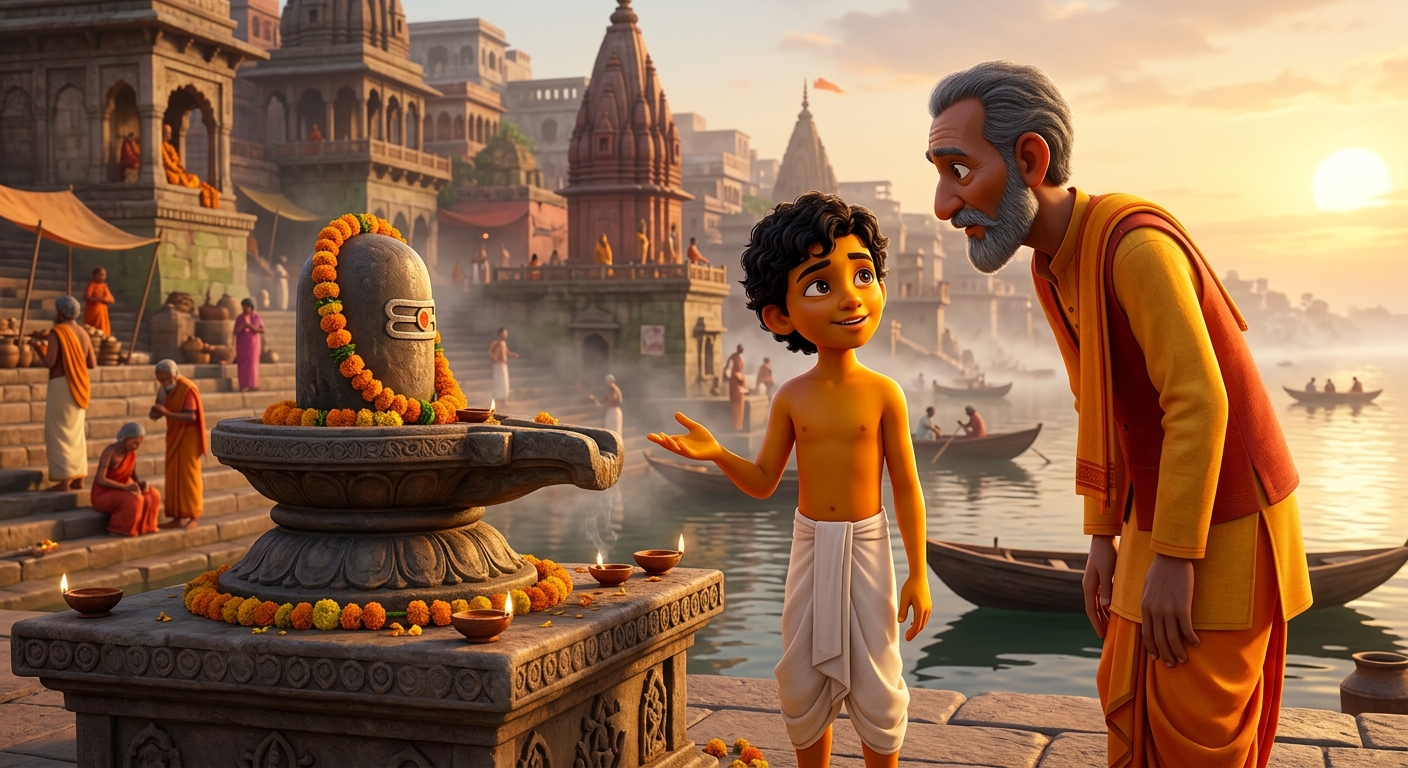 10yo Kabir looking at the stone altar with a gentle smile