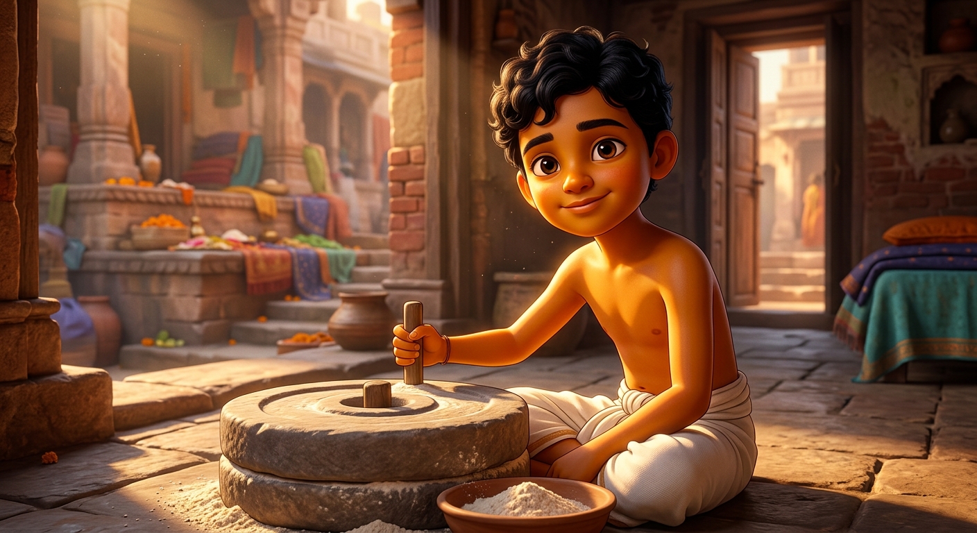 10yo Kabir smiling gently about the practical service of the household grinding mill