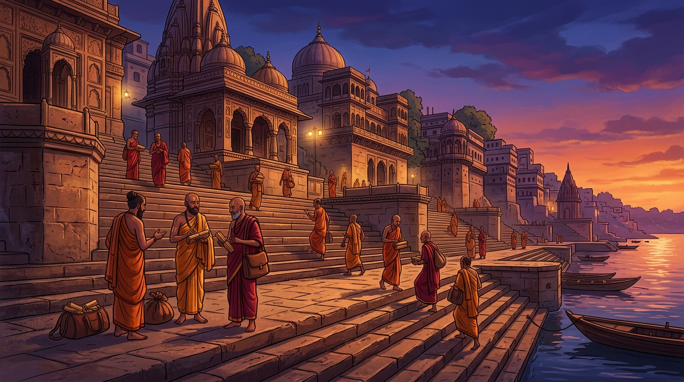 Proud Brahmin scholars quietly packing manuscripts and dispersing from the ghat steps
