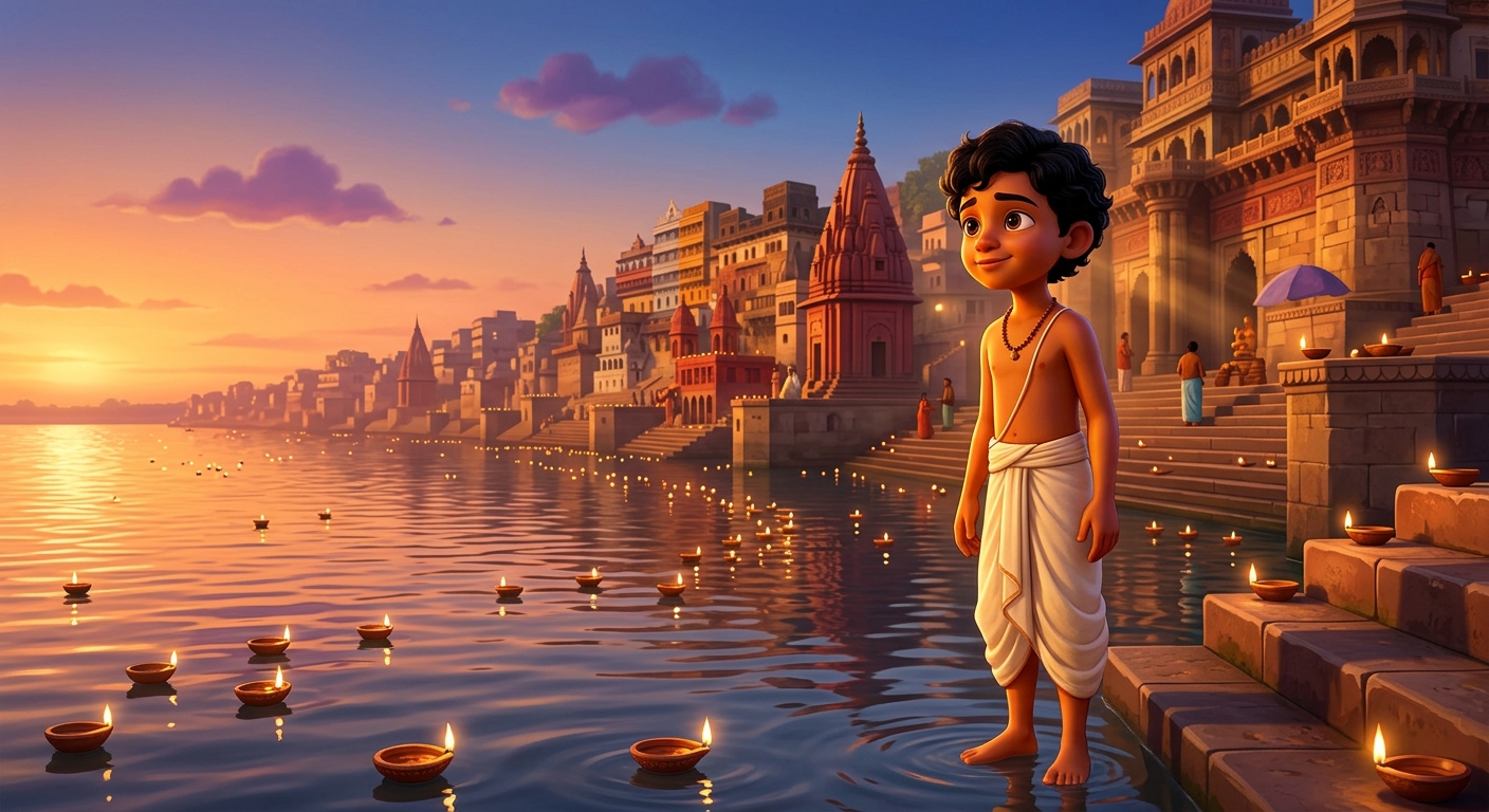 10yo Kabir standing at the water's edge as evening oil lamps float upon the Ganga