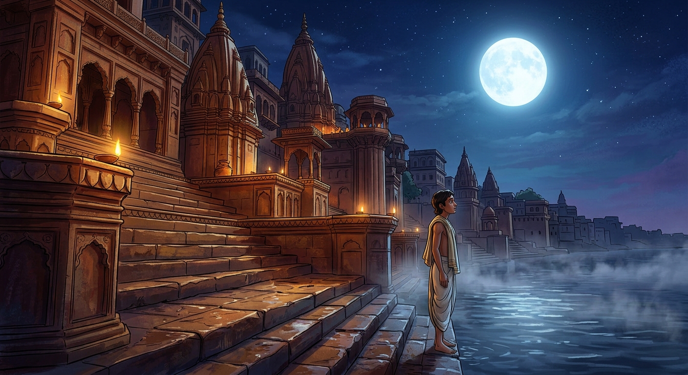 Moonlight bathing the sacred stone steps of Panchganga Ghat as Kabir gazes into the night