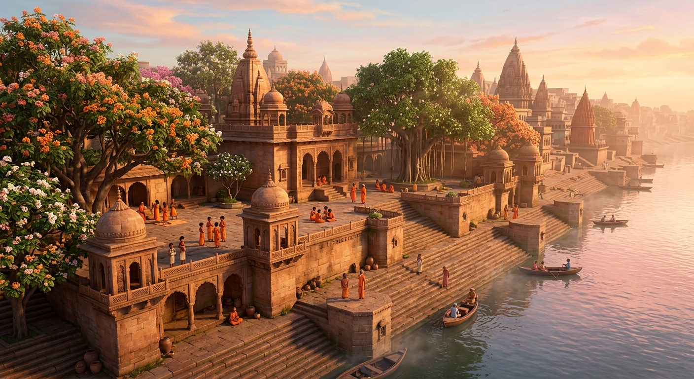 The sacred hermitage of Swami Ramanand in 15th-century Varanasi surrounded by ancient flowering trees