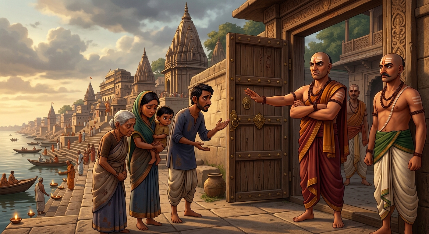 Pompous orthodox disciples turning away low-caste seekers at the ashram gate