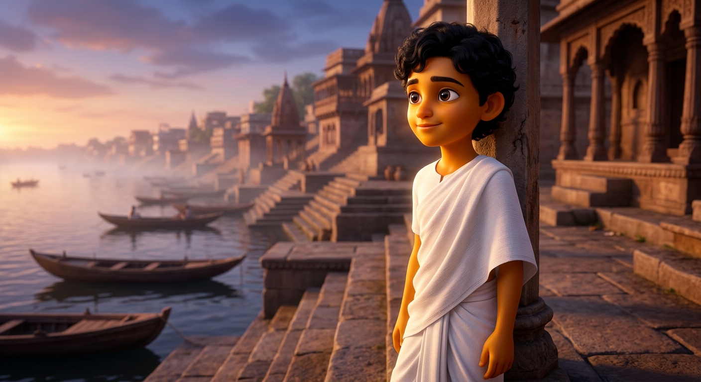 12yo Kabir dressed in pure white cotton clothes watching the ashram gate from a distance