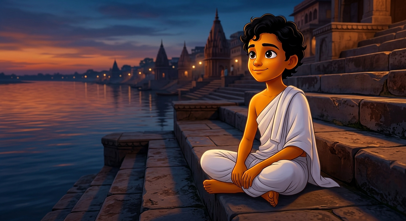 12yo Kabir sitting by the Ganga at twilight in his pure spotless white clothes