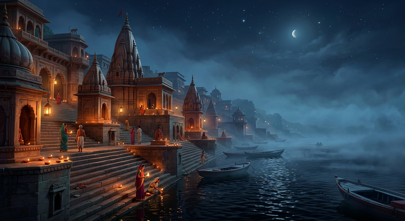 Panchganga Ghat in Varanasi at 3:00 AM in dense night mist under stars
