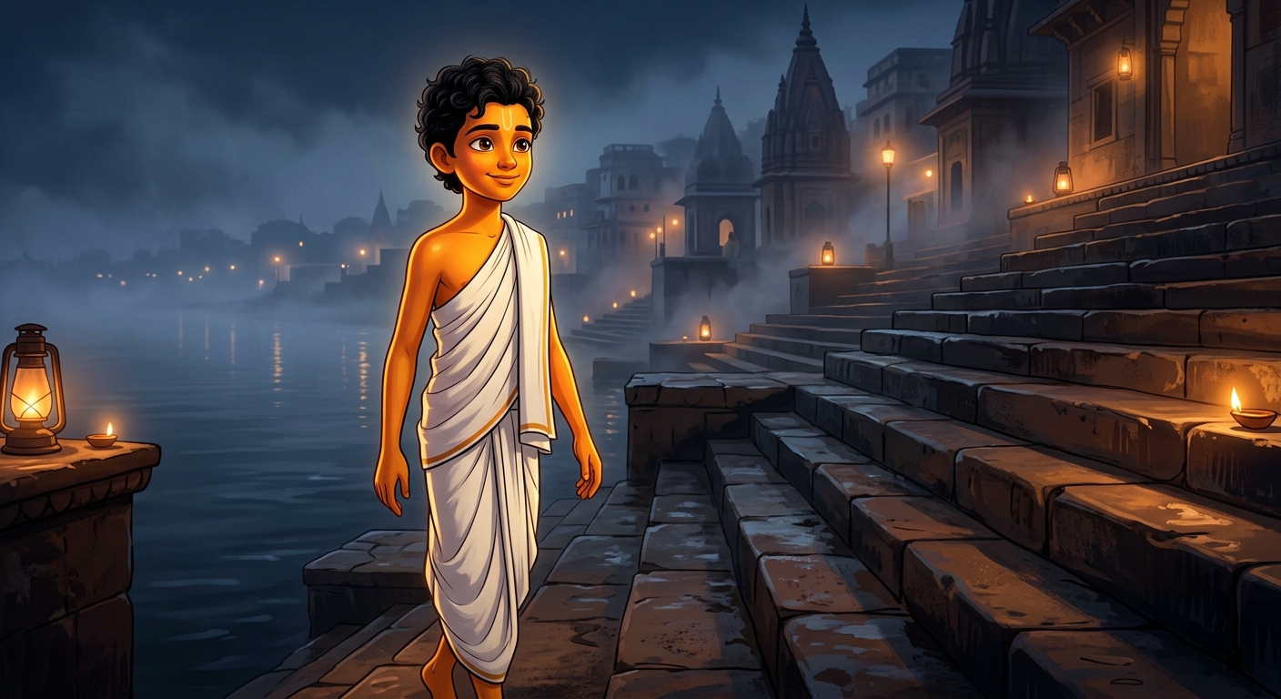 12yo Kabir walking silently down the stone stairs of Panchganga Ghat in his glowing white dhoti