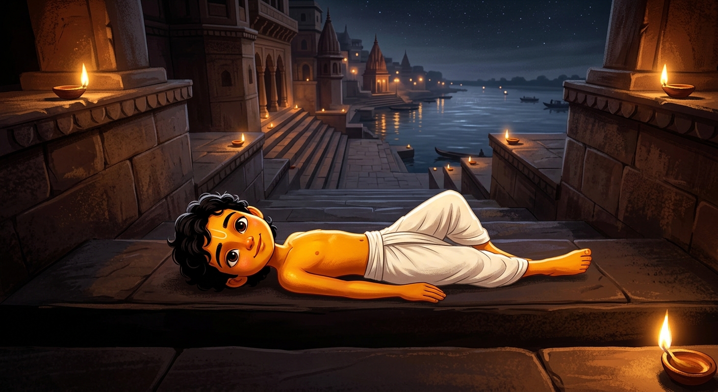 12yo Kabir lying down completely flat across a wide stone step in the pitch-dark path