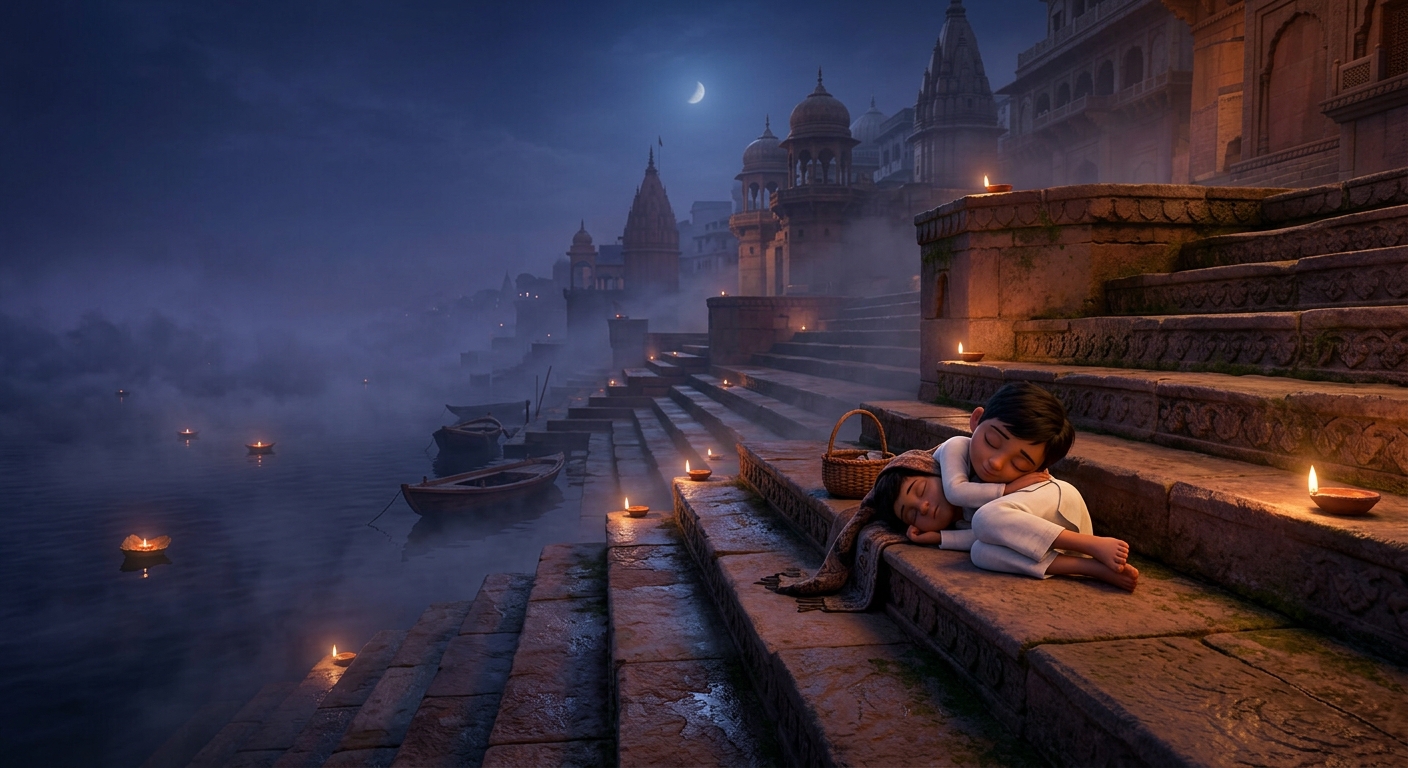 The silent empty stone ghat steps shrouded in dark pre-dawn mist with the white-clothed boy resting peacefully