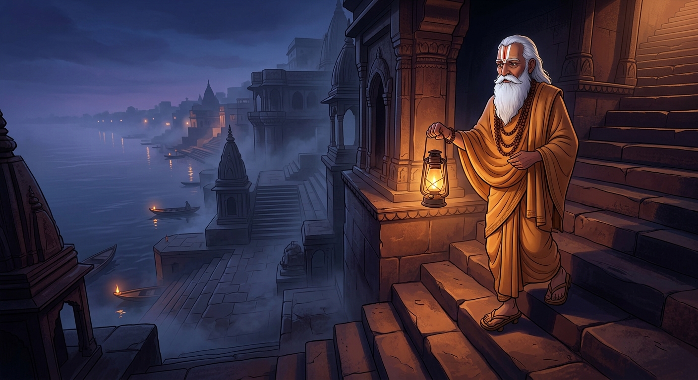Swami Ramanand descending with wooden sandals holding a faint lantern