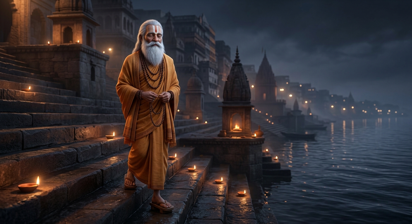 Swami Ramanand walking down the stone stairs in wooden sandals softly chanting mantras