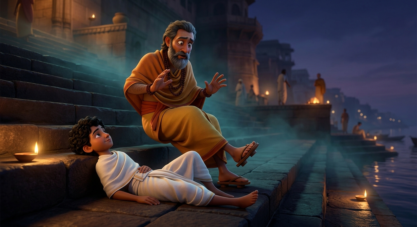 Swami Ramanand's wooden sandal accidentally brushing the chest of Kabir and immediately pulling his foot back in shock