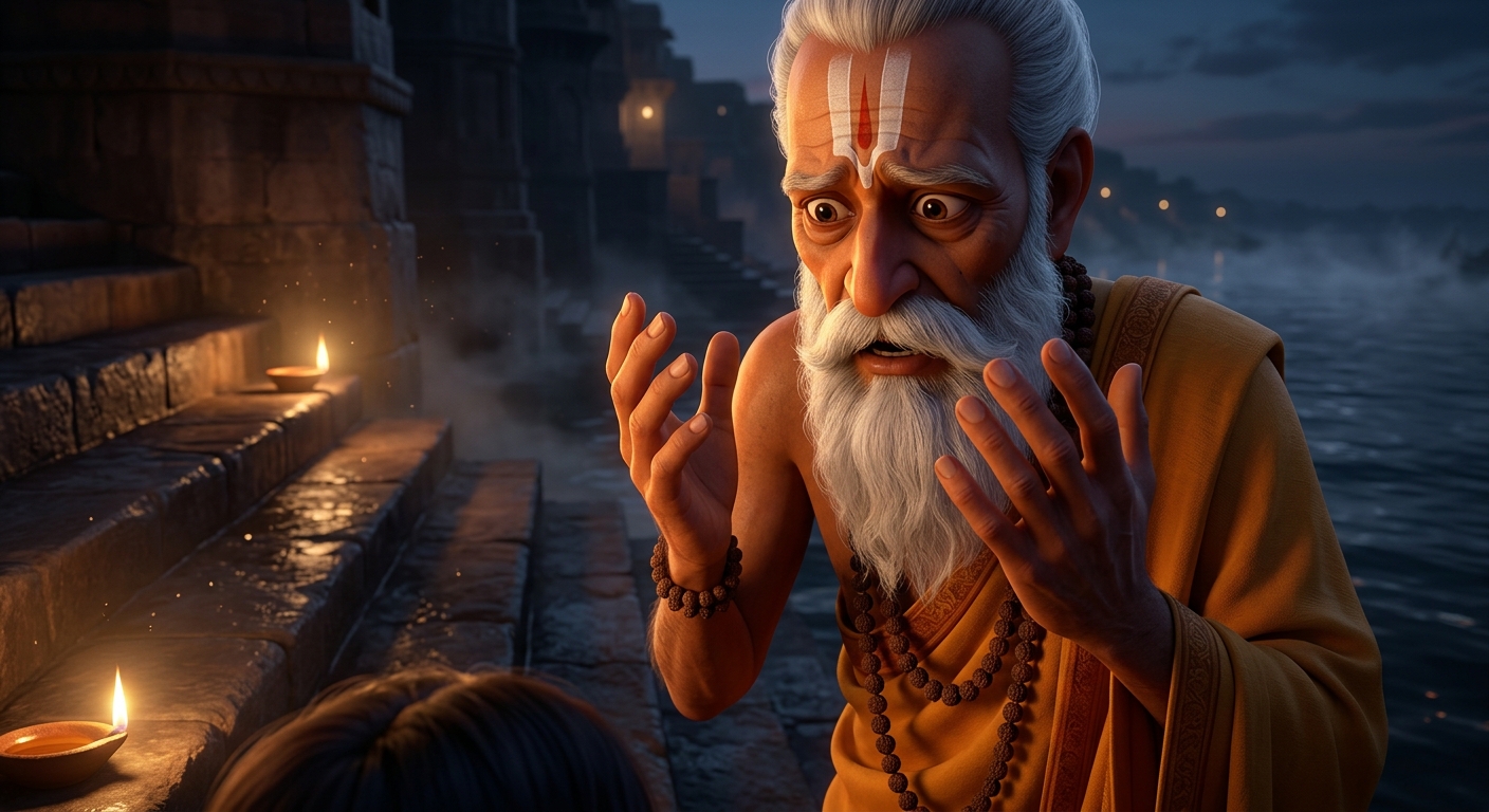 Swami Ramanand gasping in shock and grief upon realizing he stepped on a human body