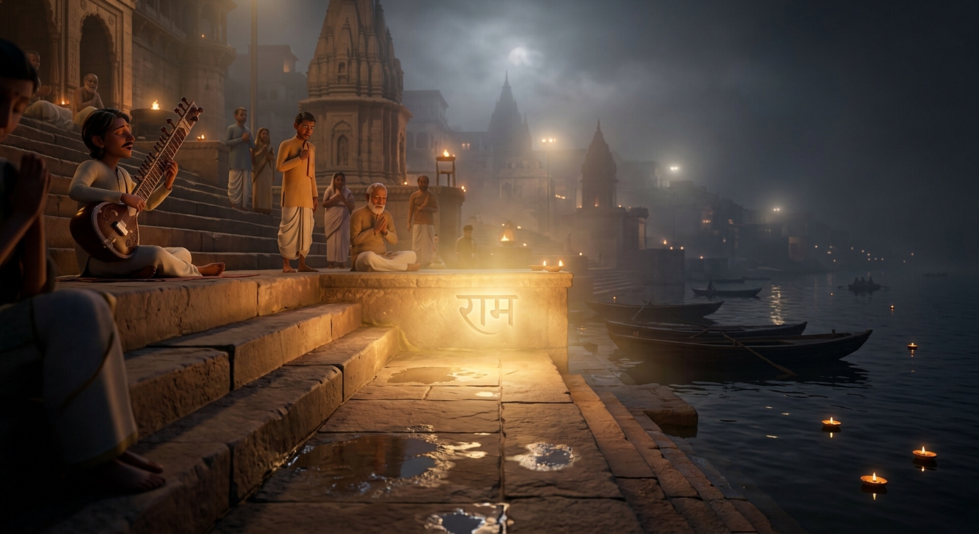 The sacred name RAM echoing through night mist as divine golden light illuminates the stone steps