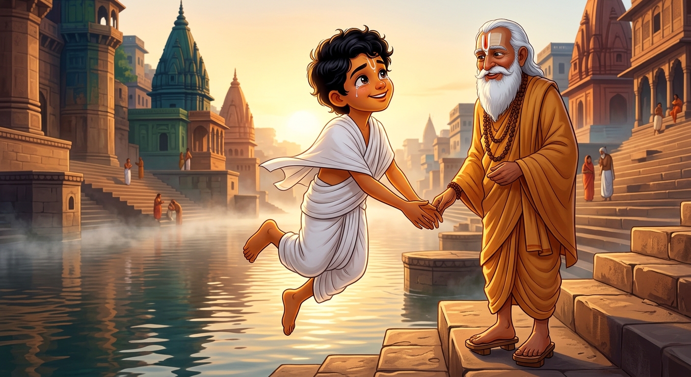 Sunrise over the Ganga with Kabir wearing Vaishnava sandalwood tilak and Tulsi mala in pure white dhoti