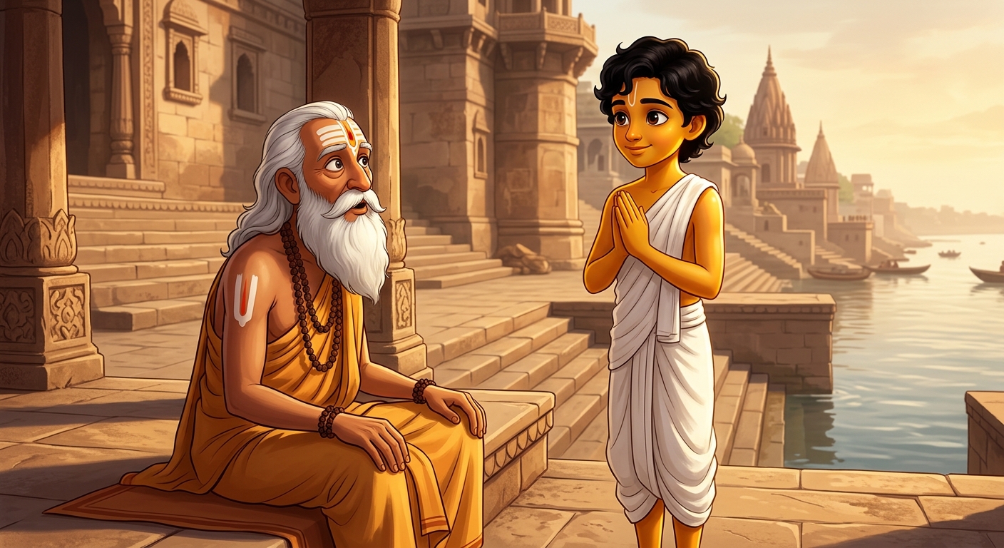 Kabir standing with folded hands before Swami Ramanand explaining the ghat initiation
