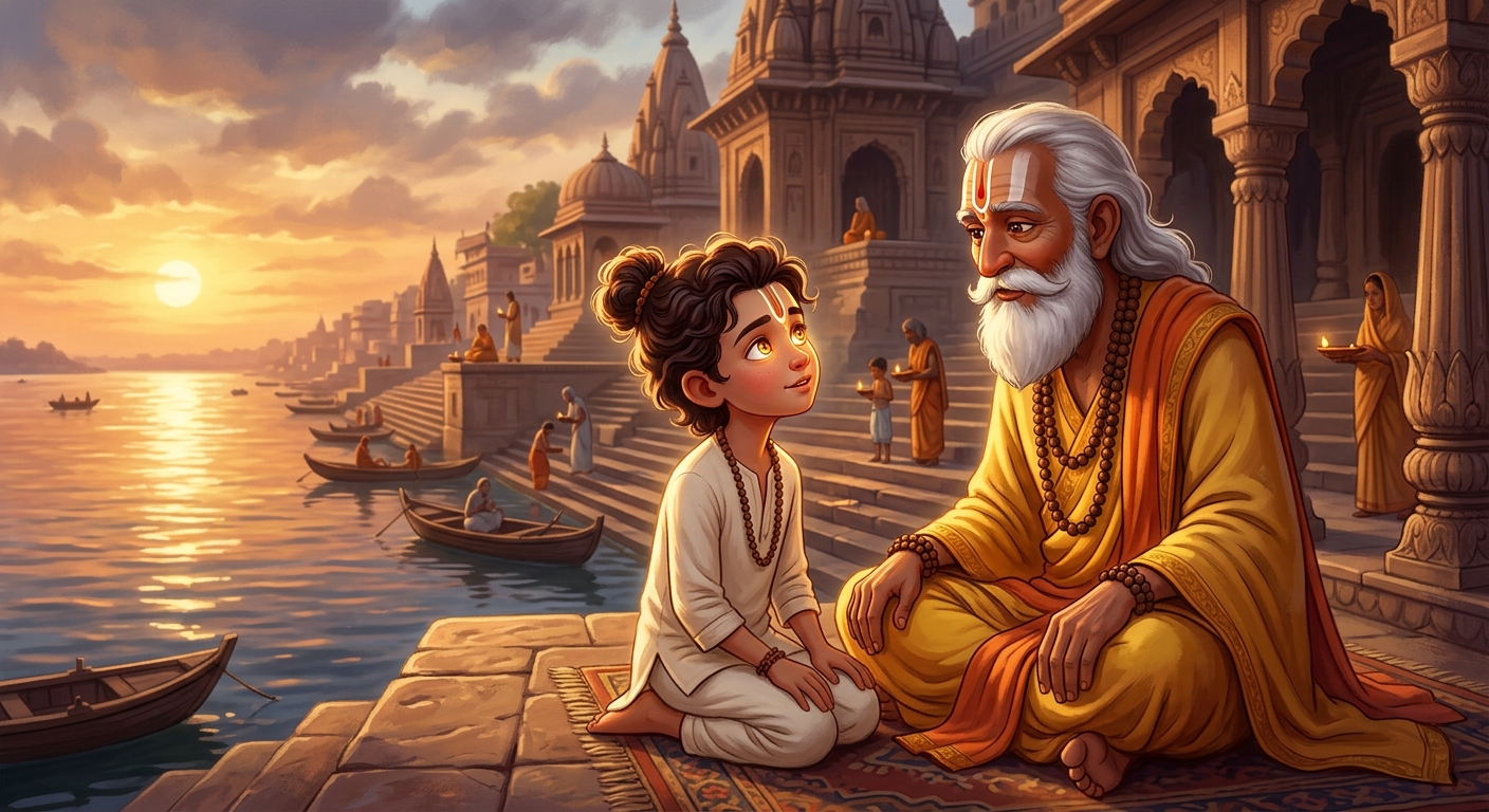 Swami Ramanand seated looking with surprise and realization at young Kabir