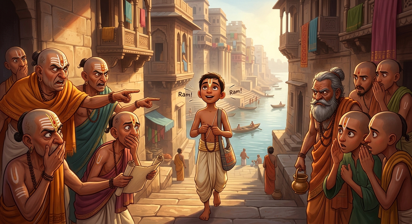 Orthodox Brahmins in Kashi staring in outrage as the weaver boy walks past with Vaishnava tilak chanting Ram