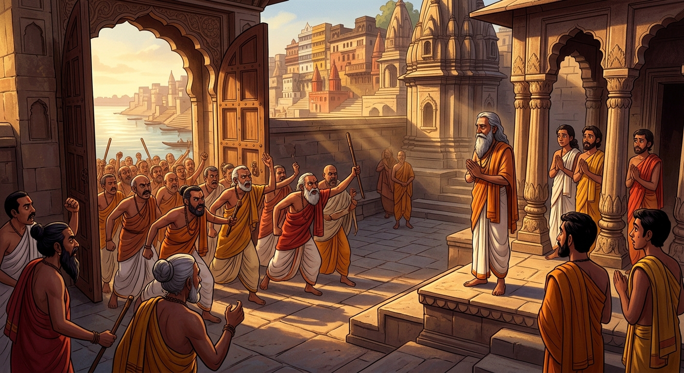 An angry mob of orthodox scholars and senior disciples storming Ramanand's ashram