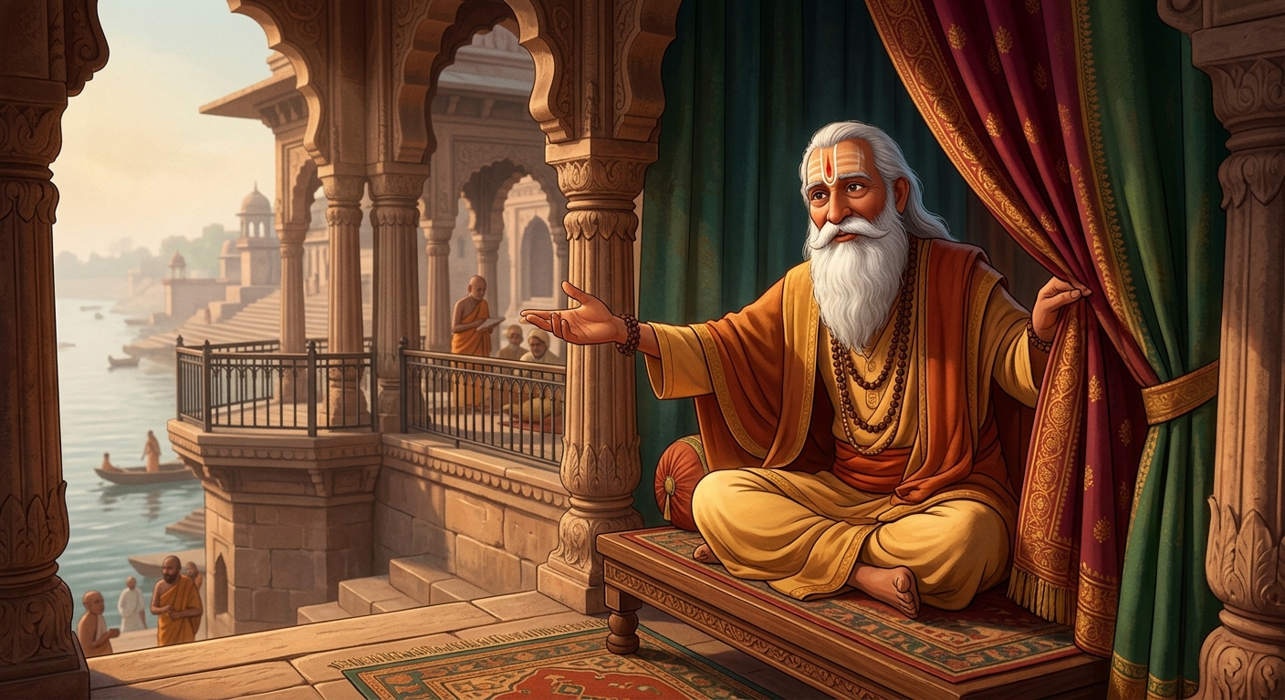 Swami Ramanand seated behind a silk curtain summoning young Kabir